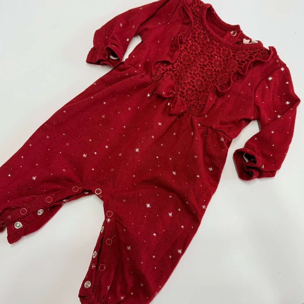 Jessica Simpson Dark Red Infant Romper with Lace Accents and Gold Star details